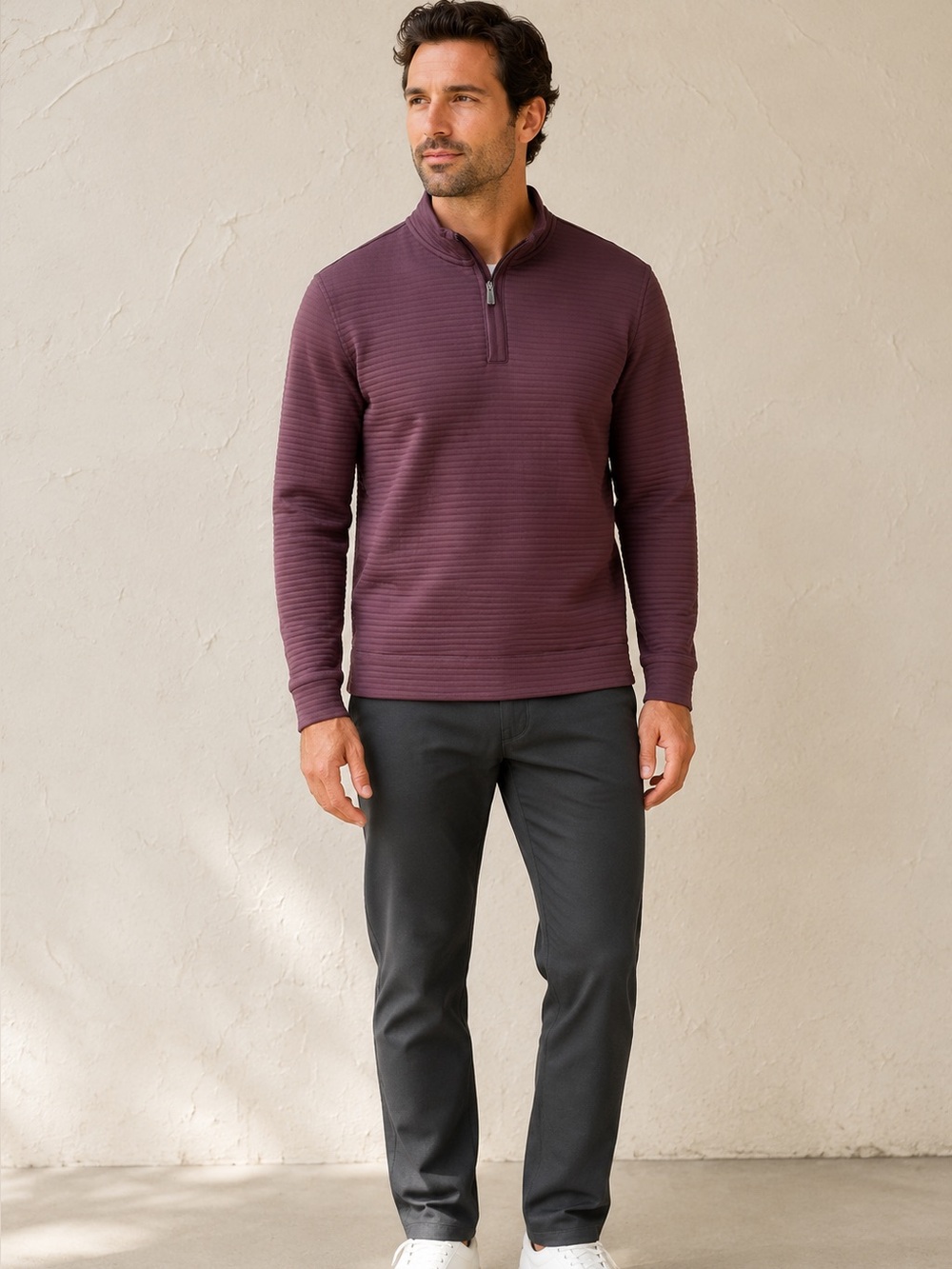 Robert Barakett Diego Half Zip Ribbed Performance Long Sleeve Plum Men's L